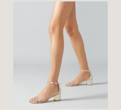 Stuart Weitzman Mid Heel Sandals|Trending: Block Heels-CHANGE LOCATION Metallic snake embossed leather/Platino Gold
