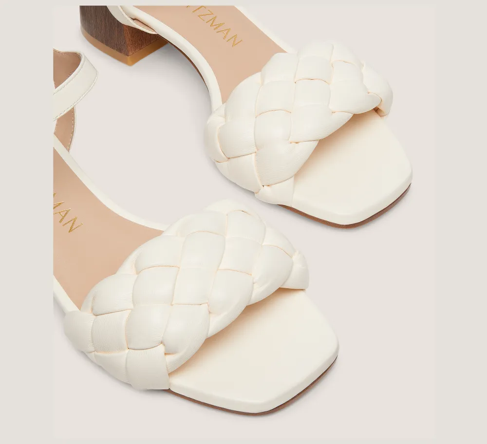 Stuart Weitzman Flat & Low Heel Sandals|Trending: Block Heels-CHANGE LOCATION Lacquered nappa leather & wood/Seashell & walnut