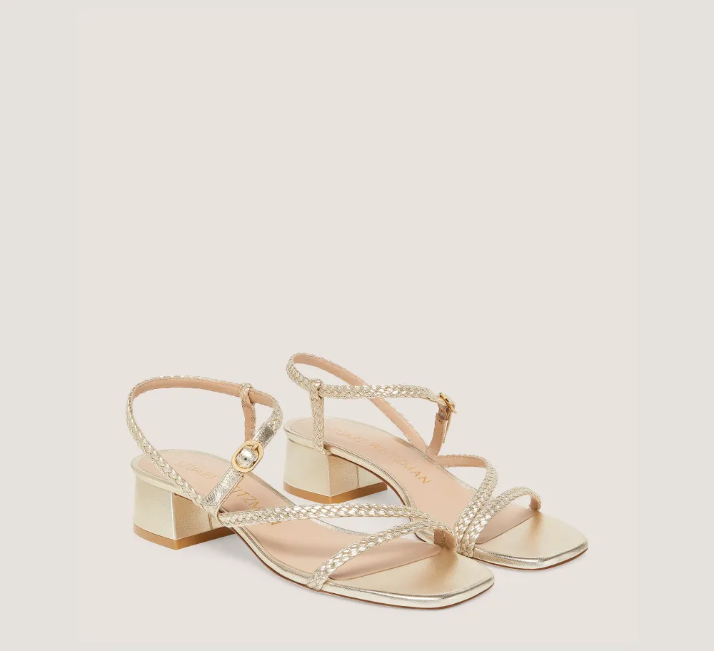 Stuart Weitzman Flat & Low Heel Sandals|Trending: Block Heels-CHANGE LOCATION Metallic woven leather/Light Gold