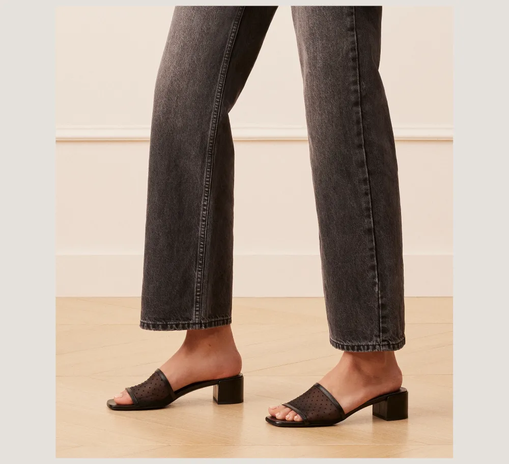 Stuart Weitzman Flat & Low Heel Sandals|Trending: Block Heels-CHANGE LOCATION Mesh & lacquered nappa leather/Black