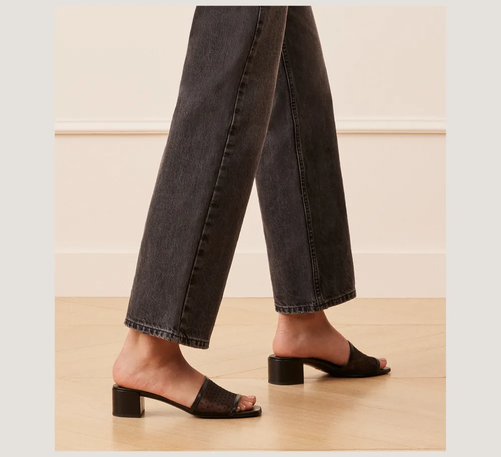 Stuart Weitzman Flat & Low Heel Sandals|Trending: Block Heels-CHANGE LOCATION Mesh & lacquered nappa leather/Black