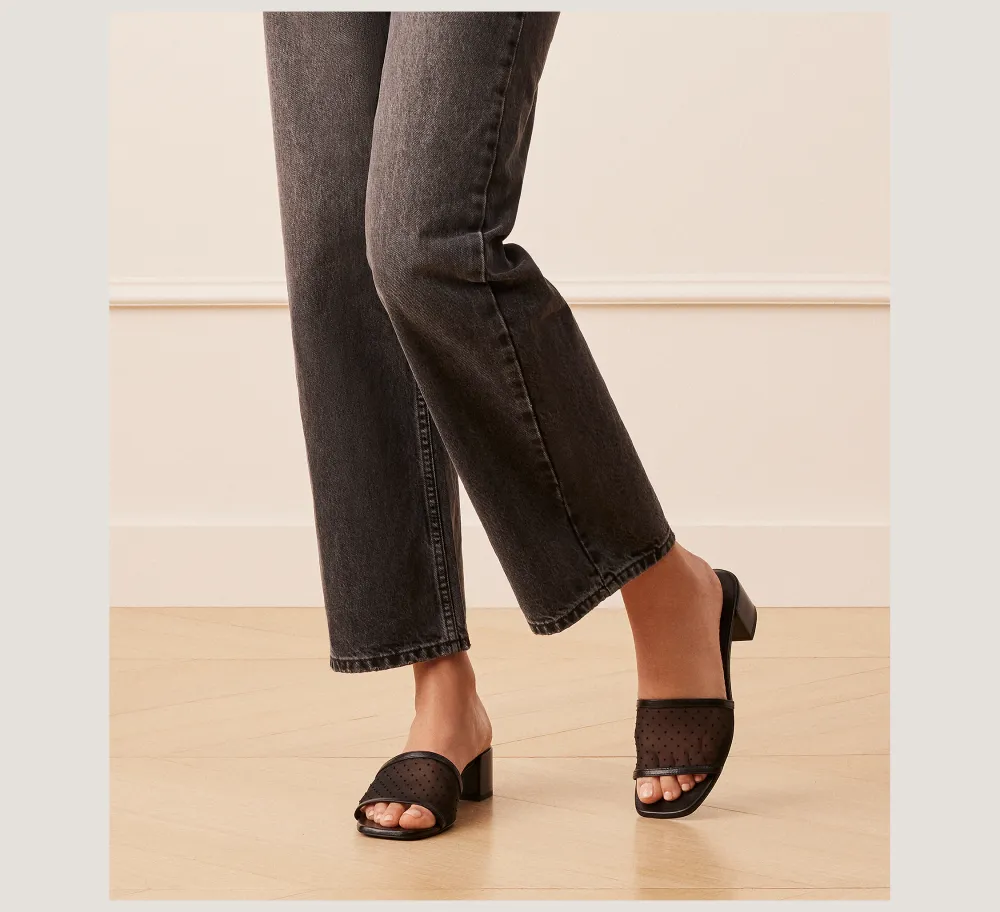 Stuart Weitzman Flat & Low Heel Sandals|Trending: Block Heels-CHANGE LOCATION Mesh & lacquered nappa leather/Black