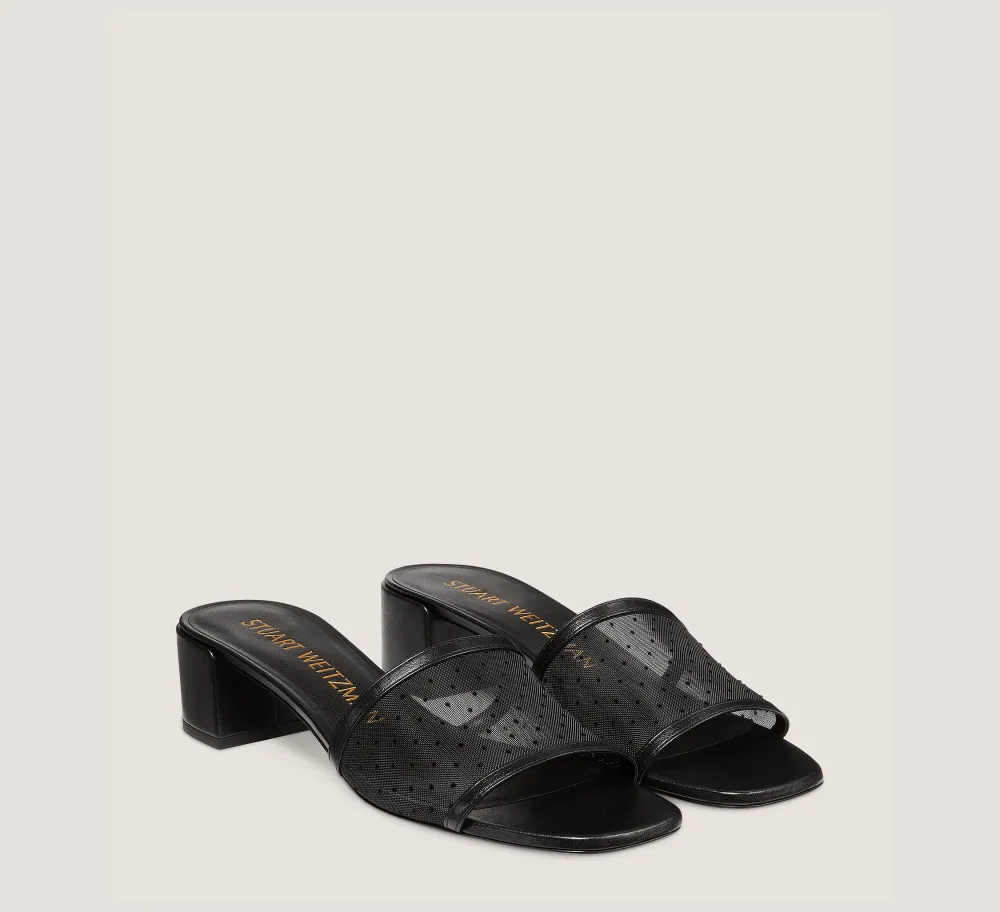 Stuart Weitzman Flat & Low Heel Sandals|Trending: Block Heels-CHANGE LOCATION Mesh & lacquered nappa leather/Black
