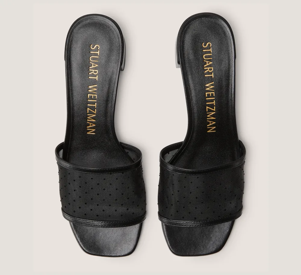 Stuart Weitzman Flat & Low Heel Sandals|Trending: Block Heels-CHANGE LOCATION Mesh & lacquered nappa leather/Black